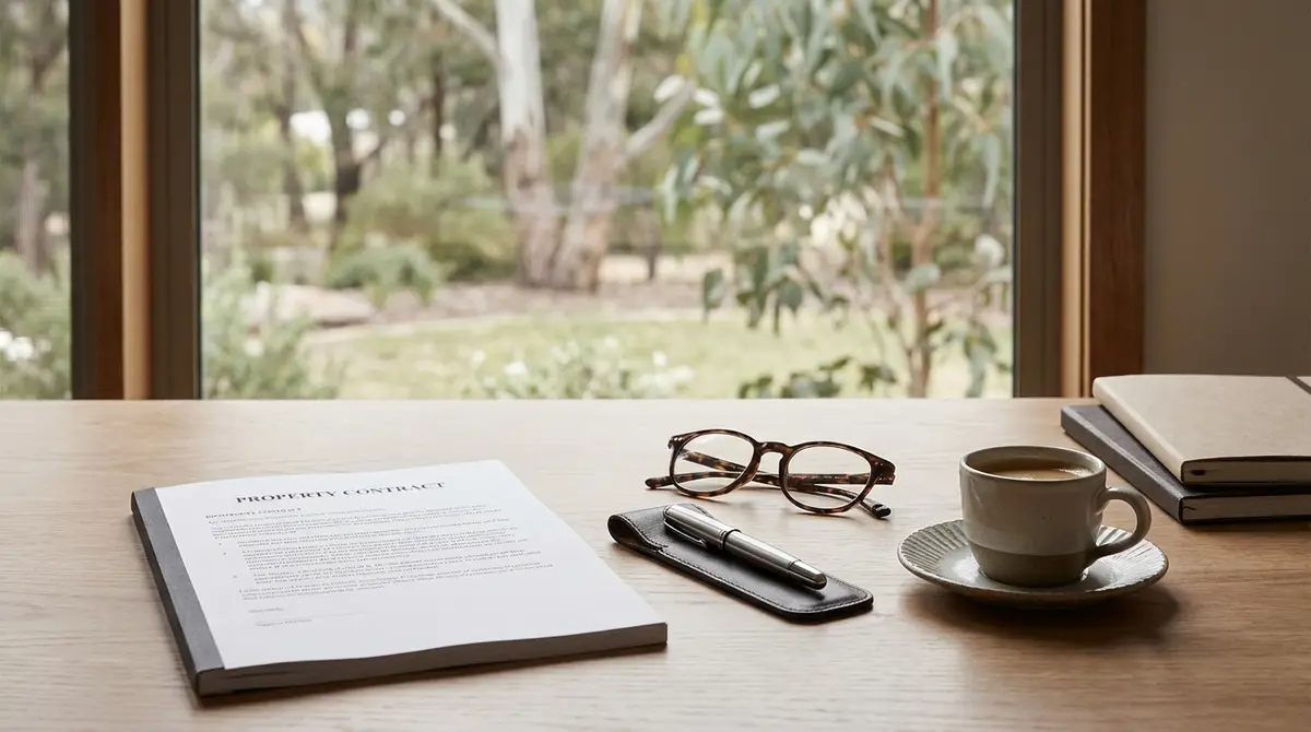 A property contract, pen, reading glasses and coffee on a desk by a window