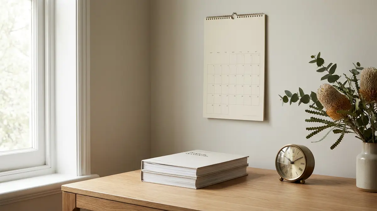 A wall calendar and clock beside a stack of property documents on a desk