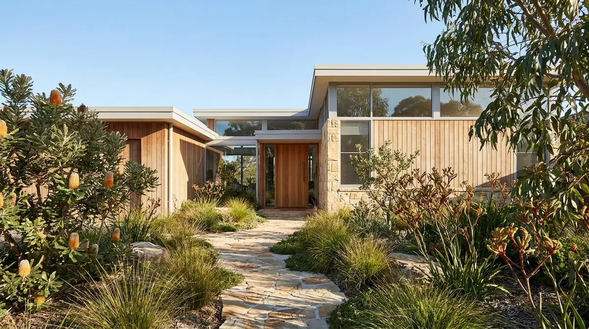 A bright modern Australian home with a welcoming front path and native garden