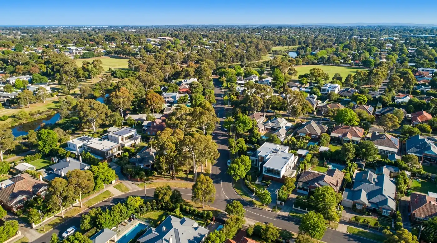 Aerial view of a leafy Australian suburb